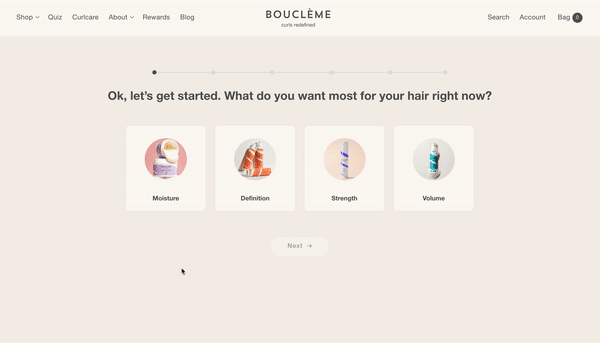 A GIF showing a user working through the product recommendation quiz on the Boucleme Shopify Plus site