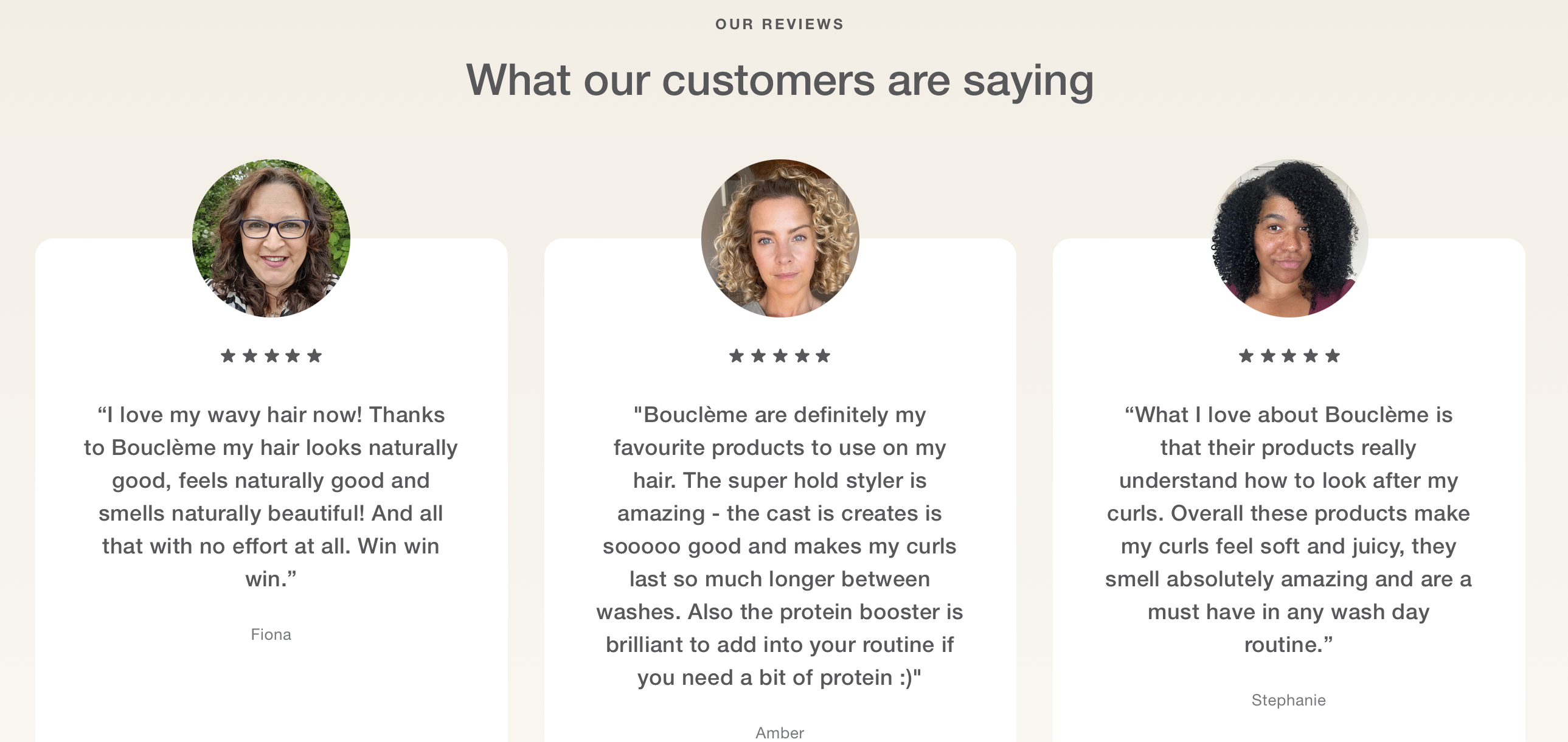 A screenshot showing three customer reviews on the Boucleme Shopify Plus website