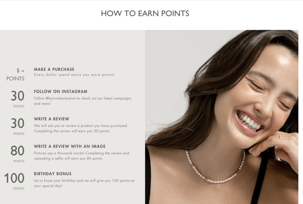 Screenshot of details on the loyalty program that By Invite Only offer on their Shopify Plus store.
