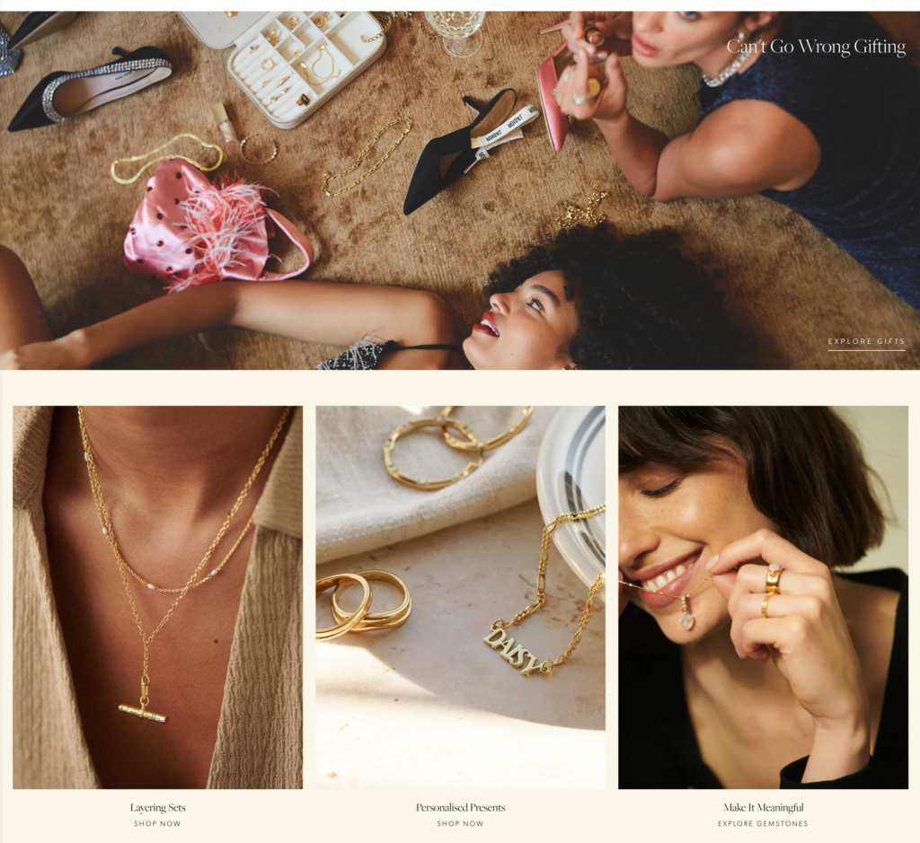 Lifestyle images from the Daisy site. Four separate images showing gold chain necklaces and gold rings.
