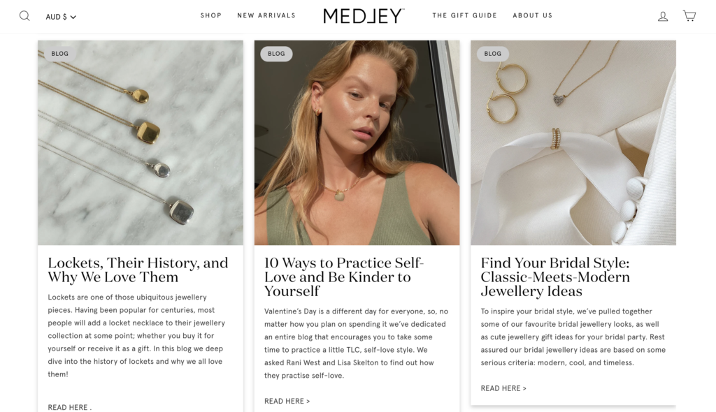 Screenshot of Medley Jewellery's blog page with three blog thumbnails from their Shopify jewellery store.