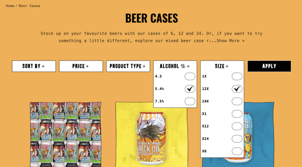 Screenshot of Beavertown collection page with 'alcohol %' and 'size' filters open.