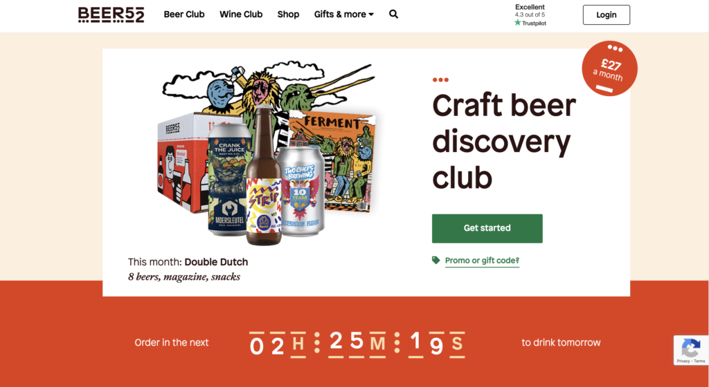 Screenshot of Beer52's homepage; a leading beer ecommerce brand in the UK.
