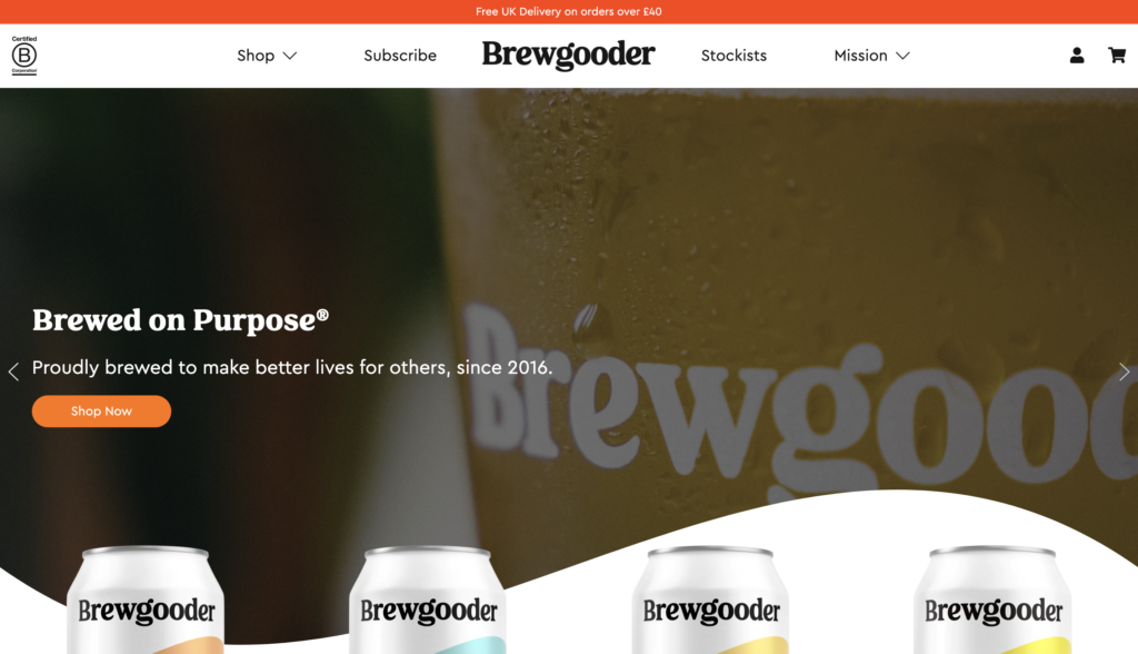 Screenshot of Brewgooder's beer ecommerce homepage