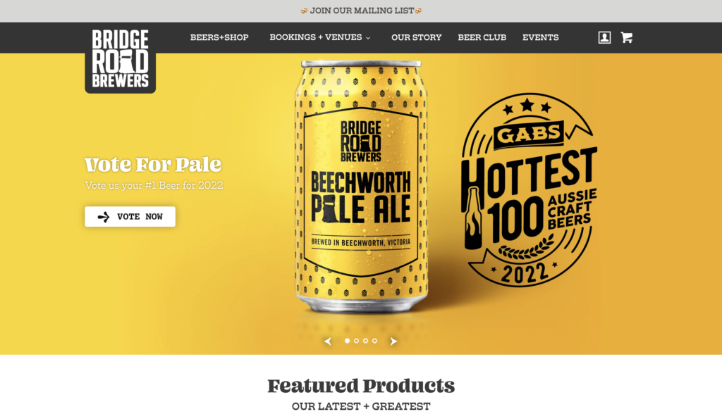 Screenshot of Bridge Road Brewers ecommerce homepage