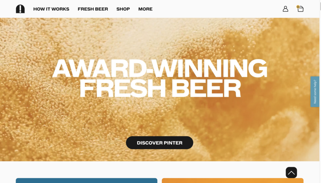 Screenshot of Pinter homepage. Large text saying 'Award-winning fresh beer' placed centrally.