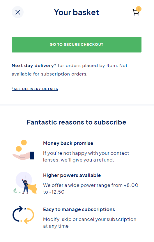Screenshot of Daysoft's subscription benefits: Money back promise, Wide range of lens powers available, Easy to manage subscriptions 