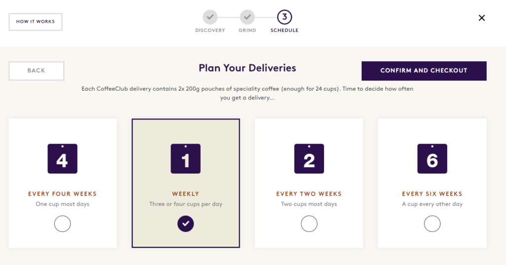Screenshot from Union Roasters showing how they display delivery frequency options to customers.
