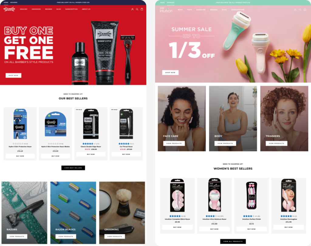 Screenshot of homepages from both Wilkinson Sword stores that Swanky designed and built: both optimised with these tips to avoid subscription UX mistakes.