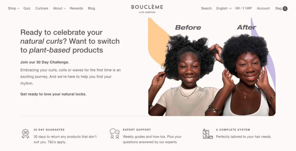 Screenshot from Bouclème's 30 day curly hair challenge page, showing a transformation, before and after, image.