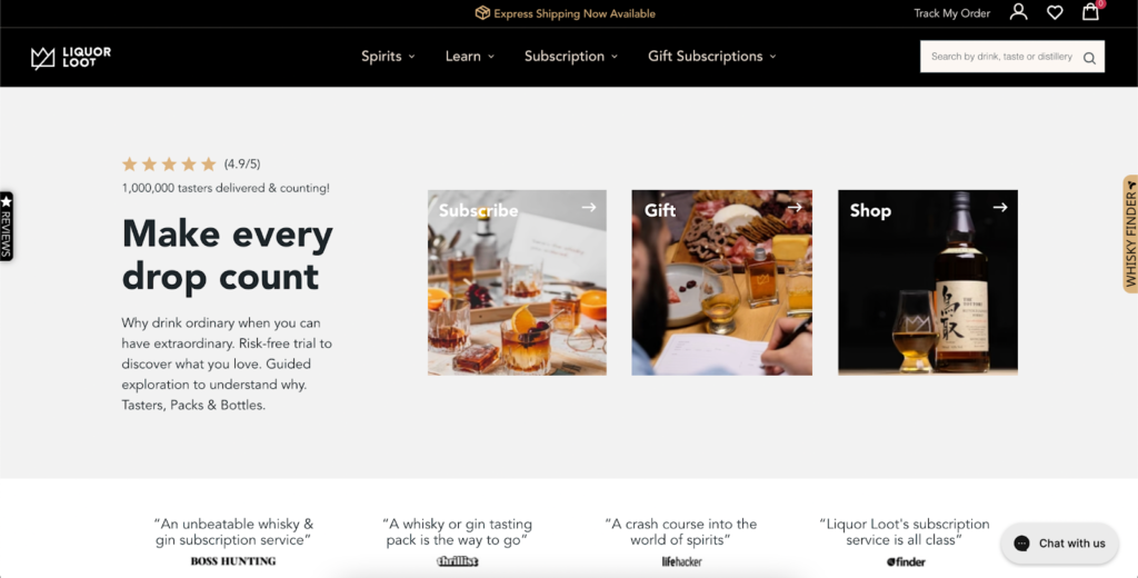 Screenshot of LiquorLoot's homepage that is full of social proof examples: 5-star ratings, third-party endorsements and the words '1,000,000 tasters delivered and counting!'