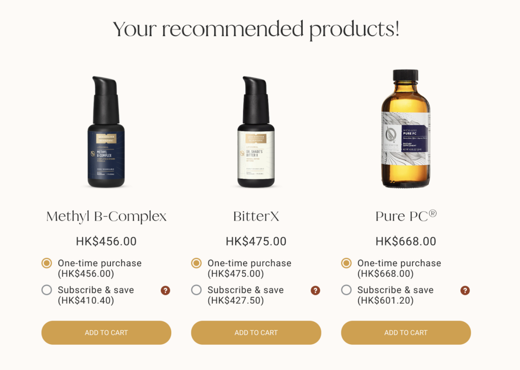 Screenshot showing three recommended products from the Bonasana product recommendation quiz.