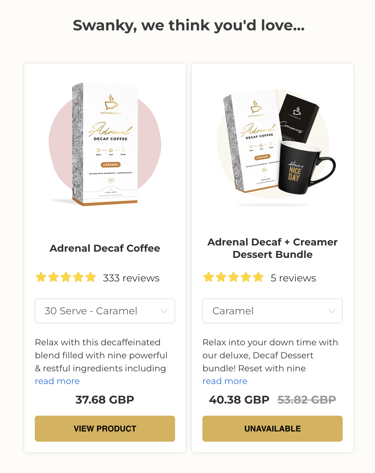 A screenshot showing post-quiz product recommendations on Beforeyouspeak's Shopify coffee store.