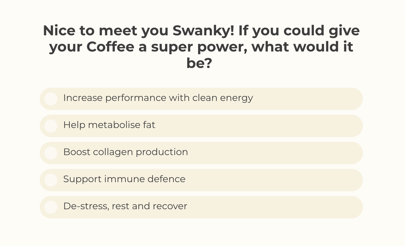 A screenshot showing a question in the product quiz on Beforeyouspeak's Shopify coffee store.