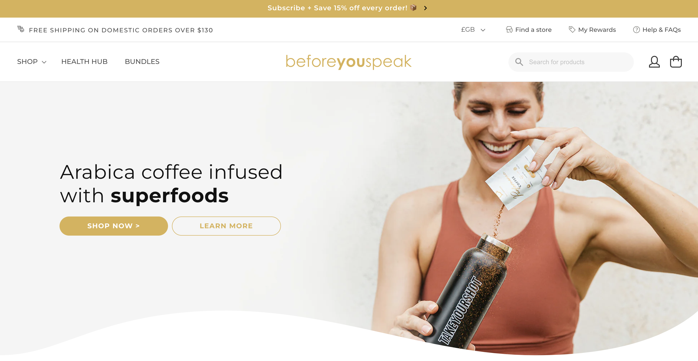 A screenshot showing above the fold on Beforeyouspeak's Shopify coffee store.