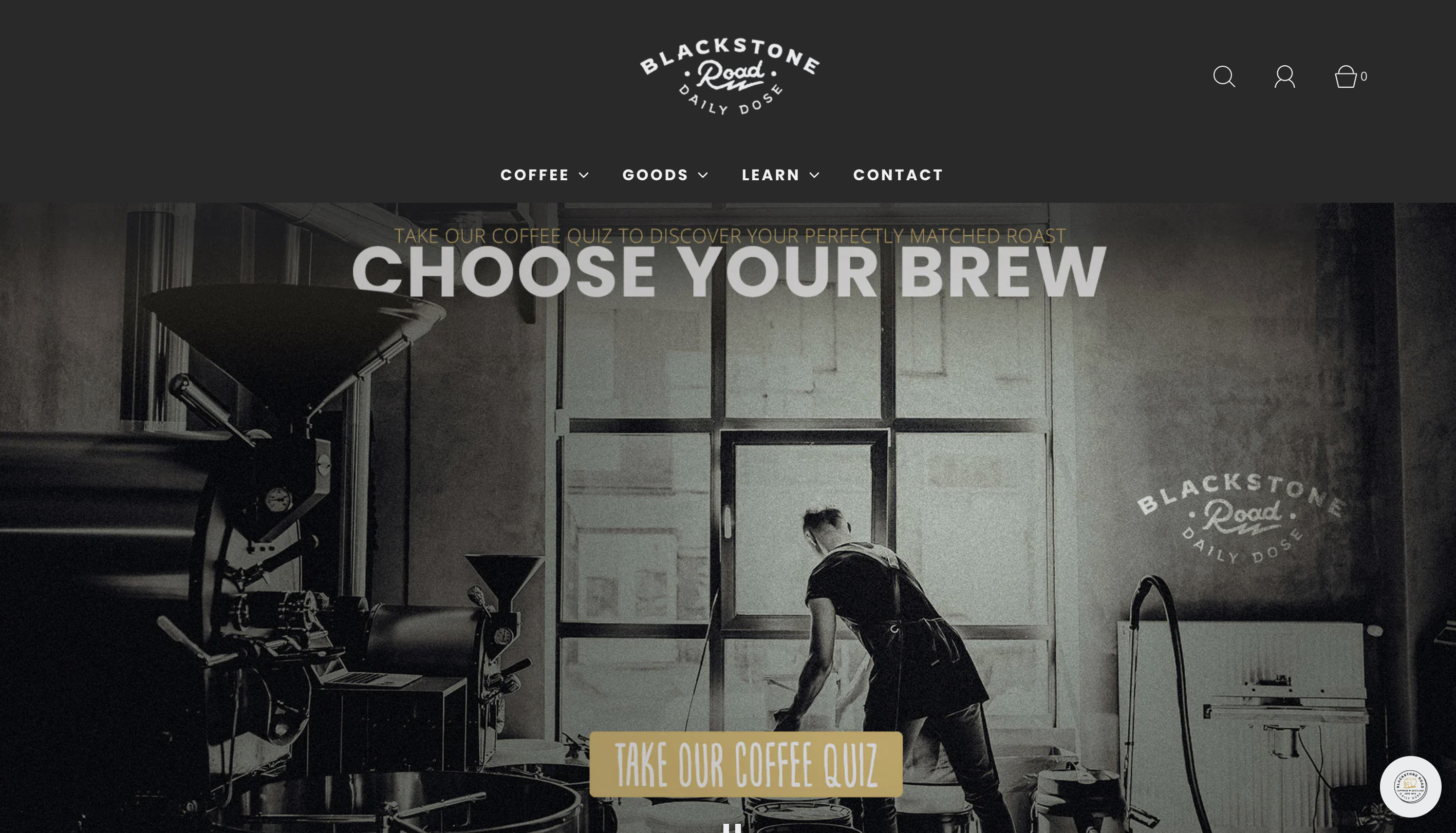 A screenshot showing above the fold on Blackstone Road's Shopify coffee store.