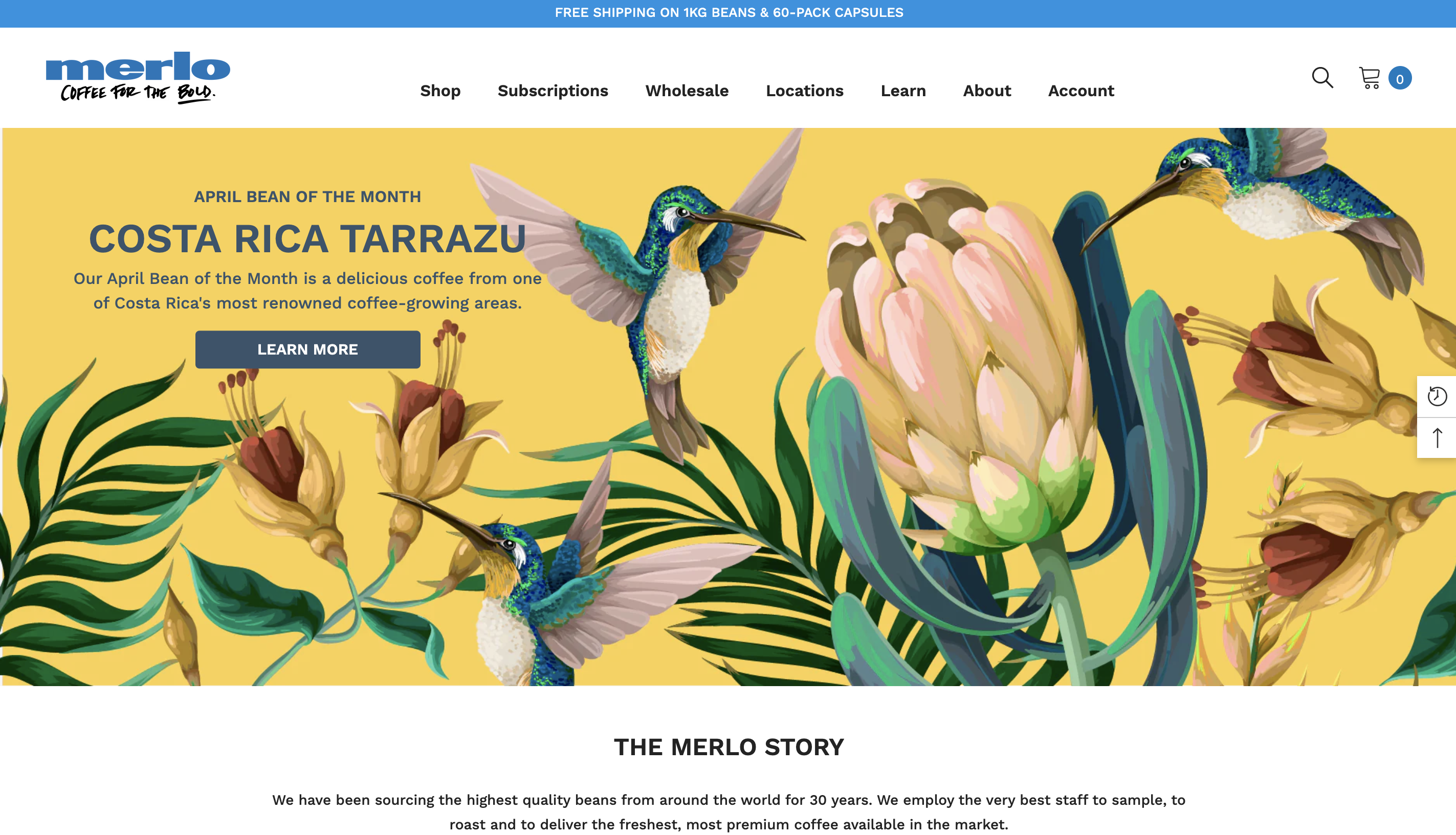 A screenshot showing above the fold on Merlo's Shopify coffee store.
