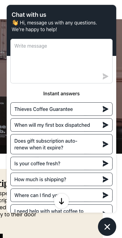 A screenshot showing the chatbot on Three Thousand Thieves' Shopify coffee store.