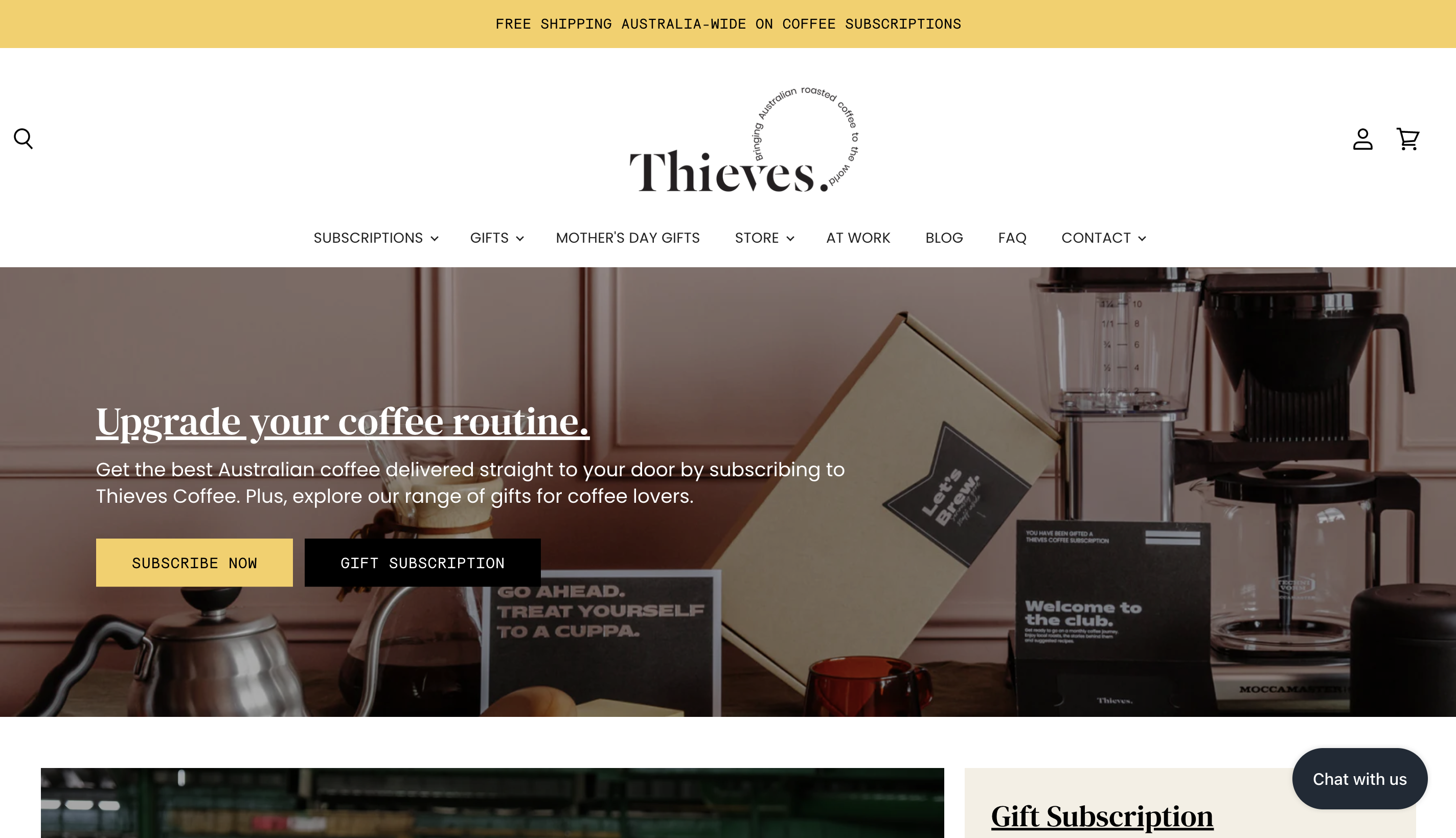 A screenshot showing above the fold on Three Thousand Thieves' Shopify coffee store.