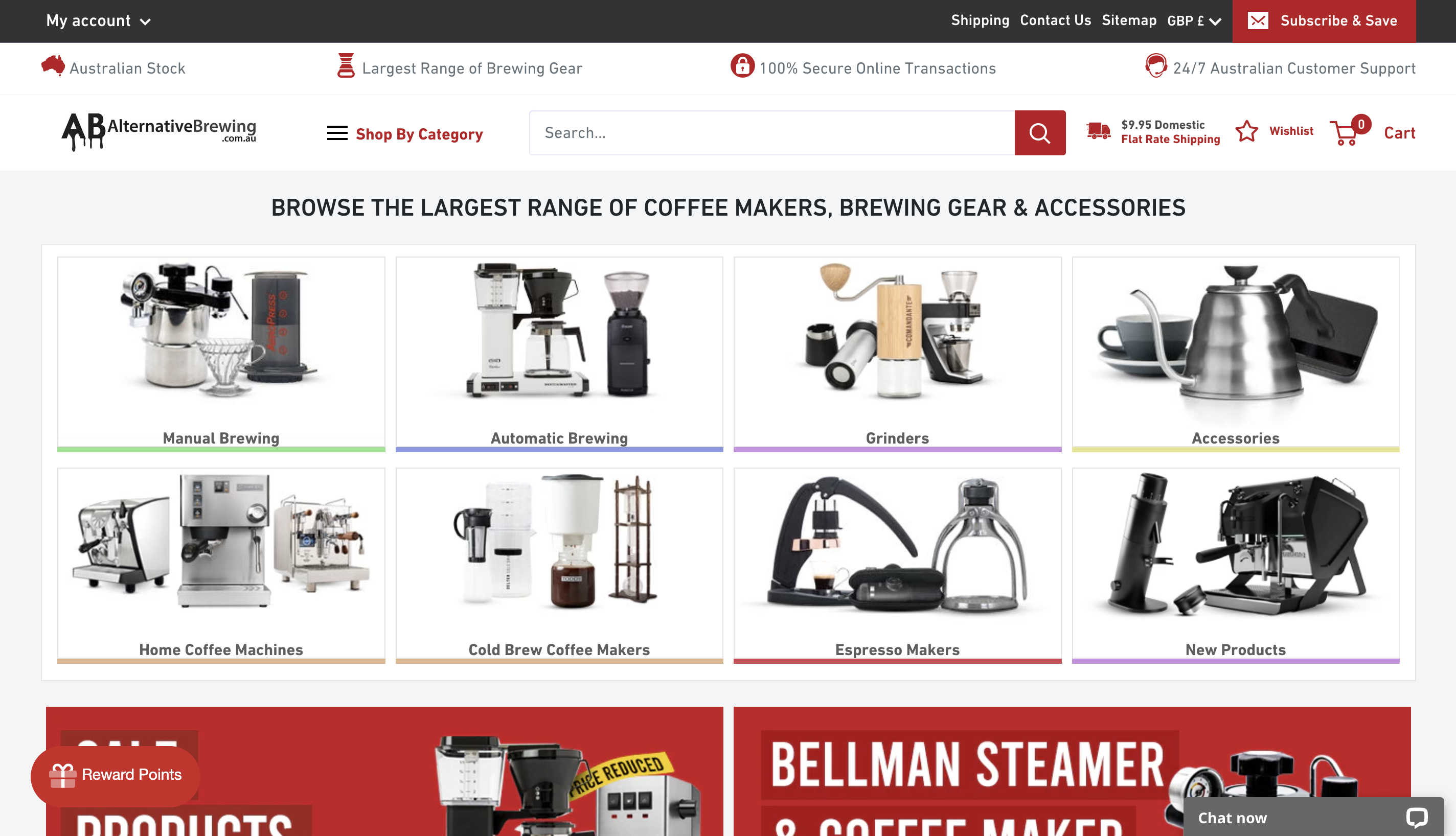 A screenshot showing above the fold on Alternative Brewing's Shopify coffee store.