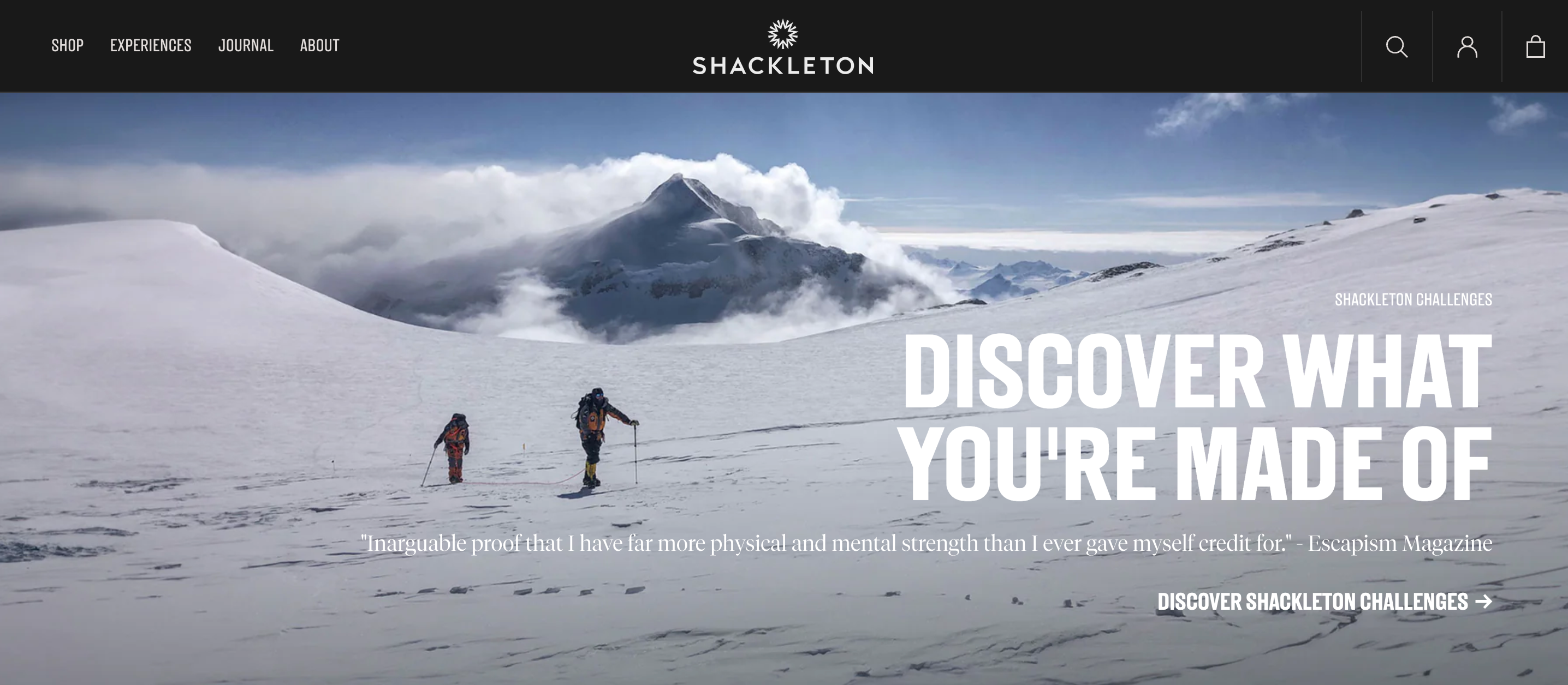 Shackleton homepage, above the fold.