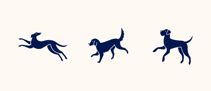 Three illustrations, each of different dog breeds, in navy blue block colour.
