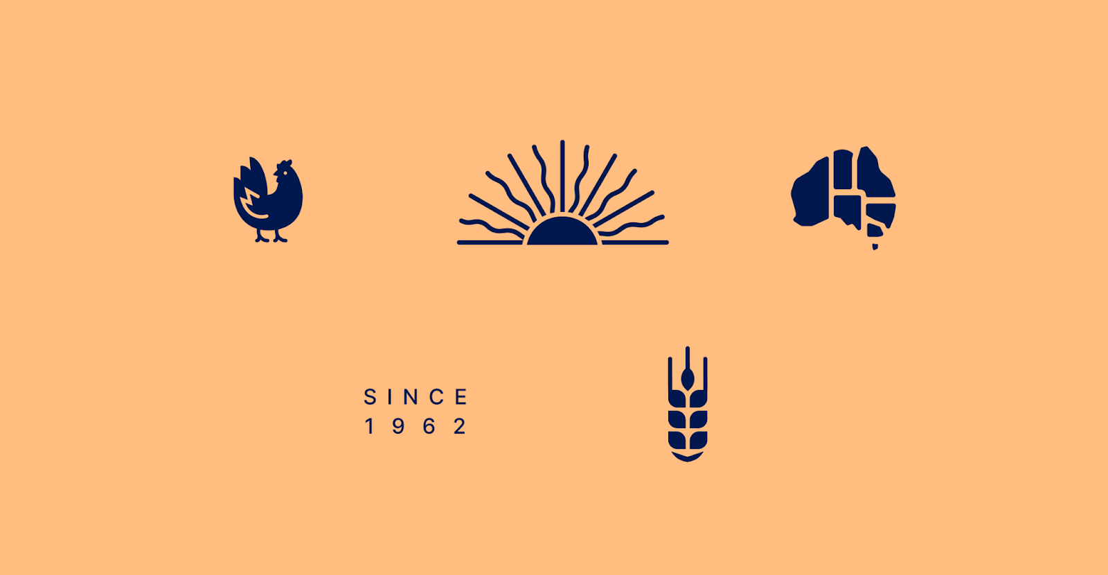 Screenshot of five icons created for this new brand identity. Icons are all in block navy blue and include a chicken, a rising sun, the Australian map, an ear of wheat, and the text 'Sonce 1962'