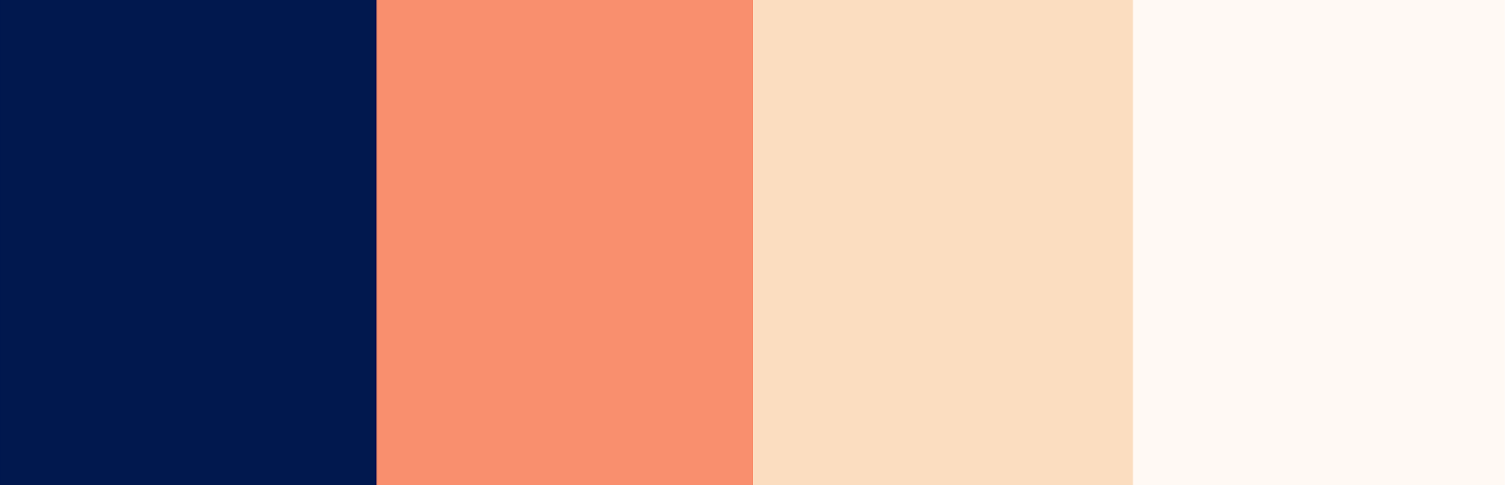 Screenshot of primary colour palette, from left to right the colours are, navy blue, dark coral, light peach and a peachy white.