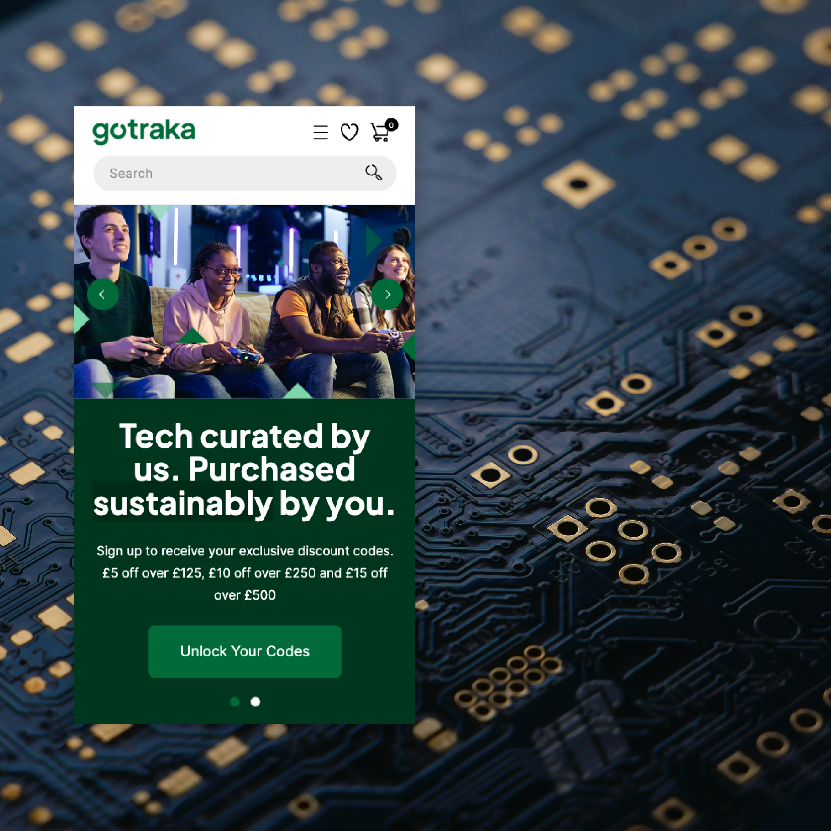 Image of electronic board, overlayed on lefthand side with screenshot of Gotraka's mobile homepage.