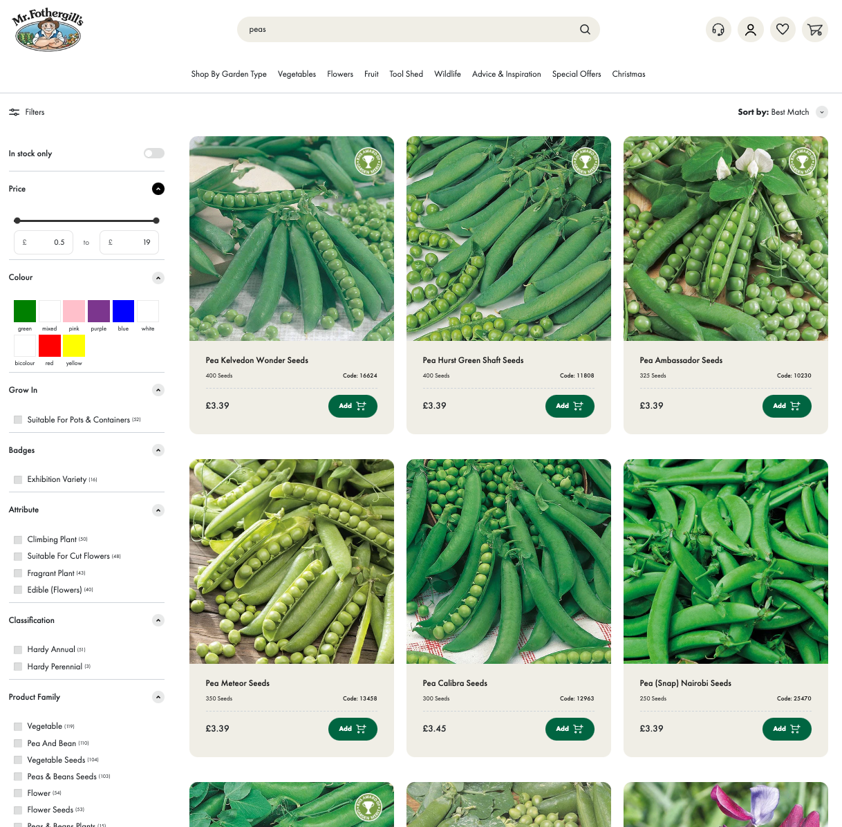 Screenshot of search results and filters for query ‘peas’.