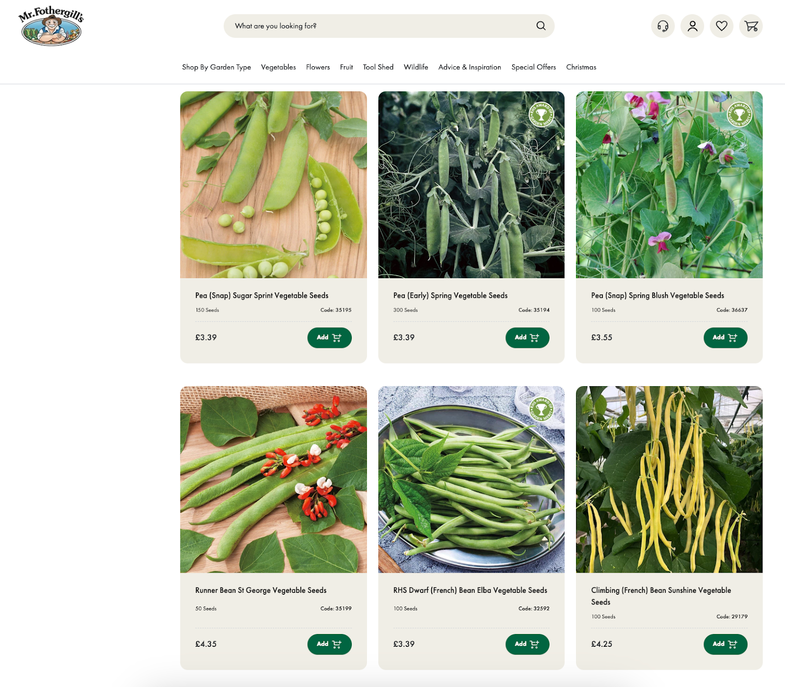 Screenshot of peas and beans collection page showing RHS Certified badge on multiple product cards. 