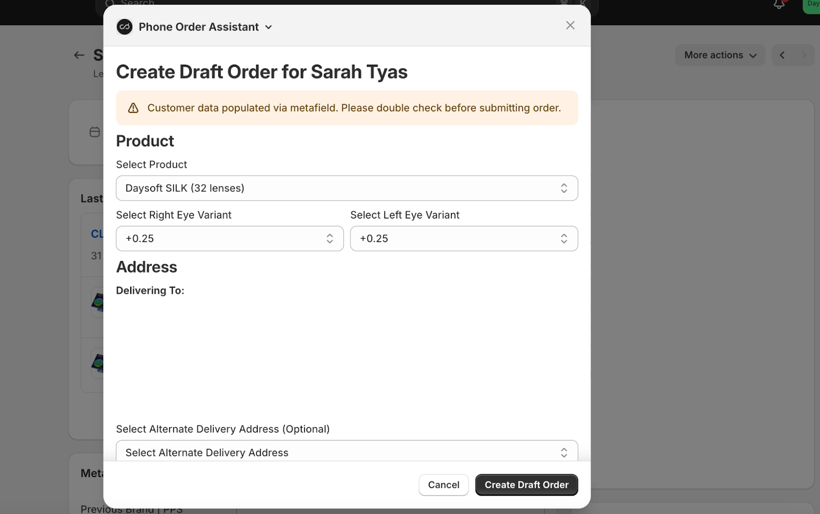 Screenshot of draft order pop up in Shopify Phone Order Assistant app.