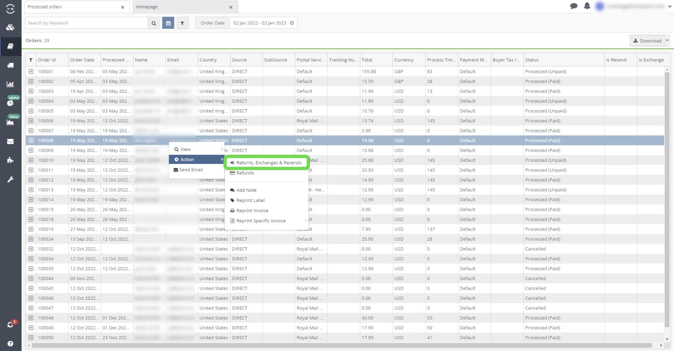 A screenshot from the Linnworks software, showing a return being processed.