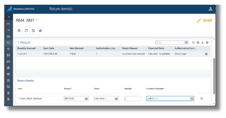 A screenshot from the Peoplevox software, showing a return being processed.