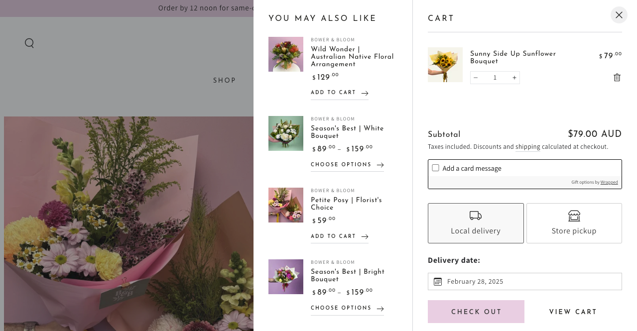 Screenshot of cart slid out with upsells alongside. 