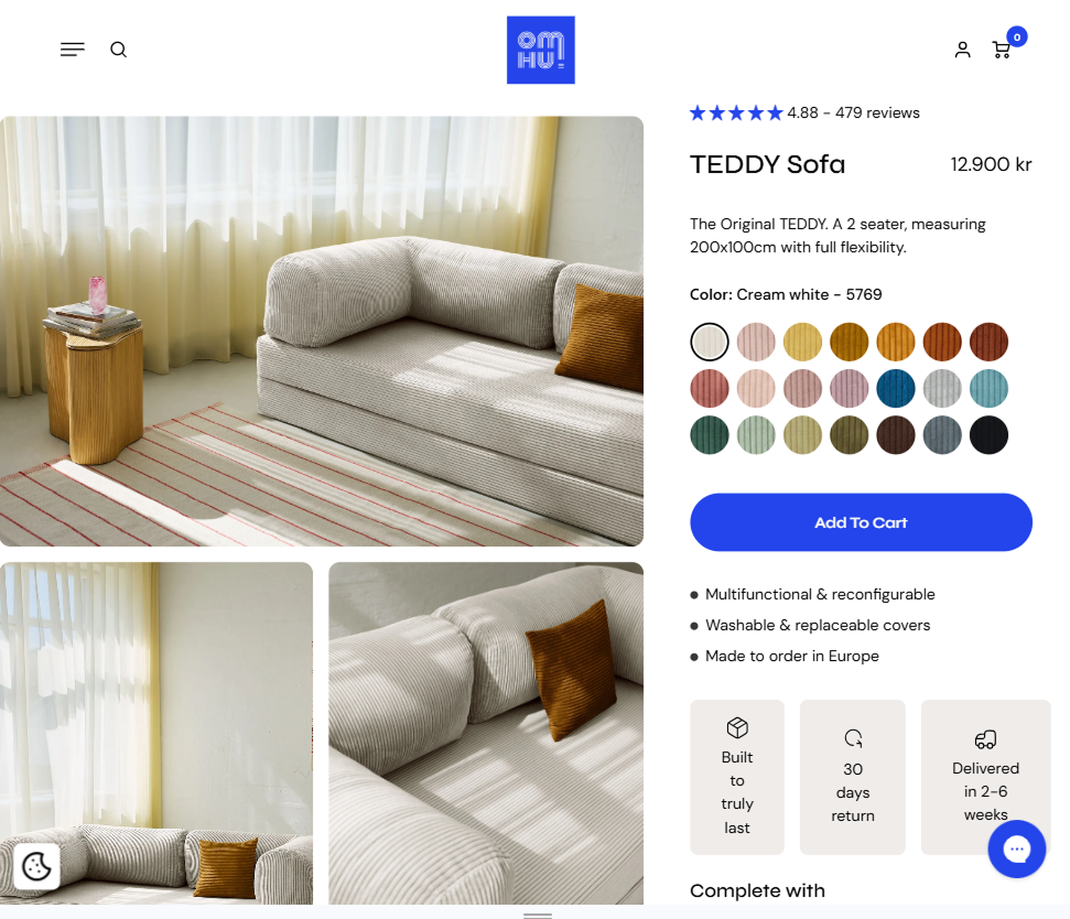 A screenshot of the OMHU product page for the Teddy Sofa.